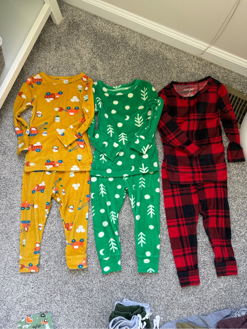 Cat & Jack Kids Pajama Trio — Red Plaid, Green Tree Dot, Mustard Truck Print